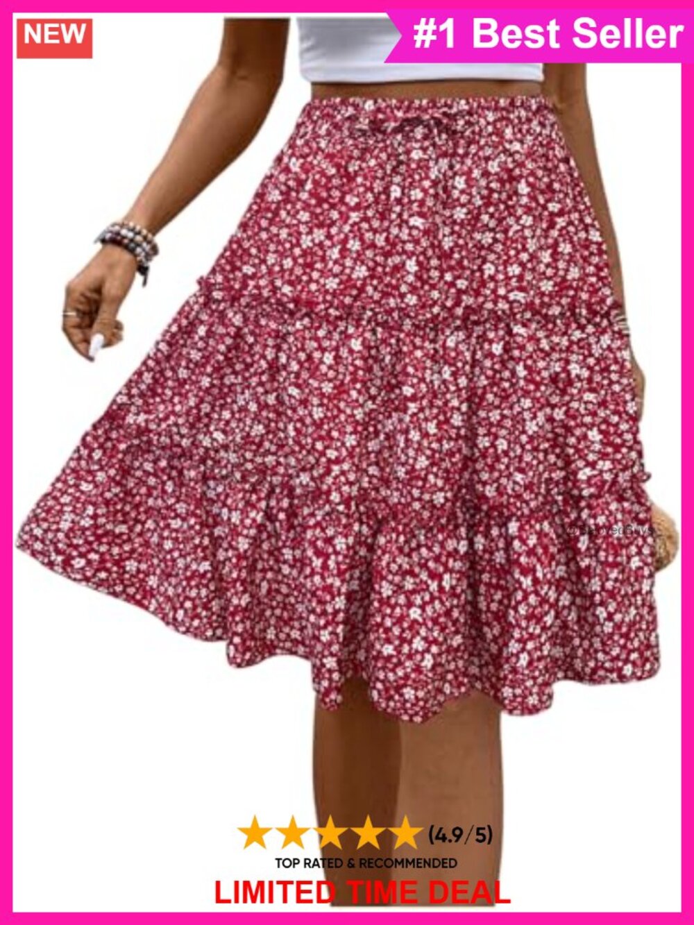 Floral Boho Ruffle Hem Knee Length Summer Work Skirt with Tie Front